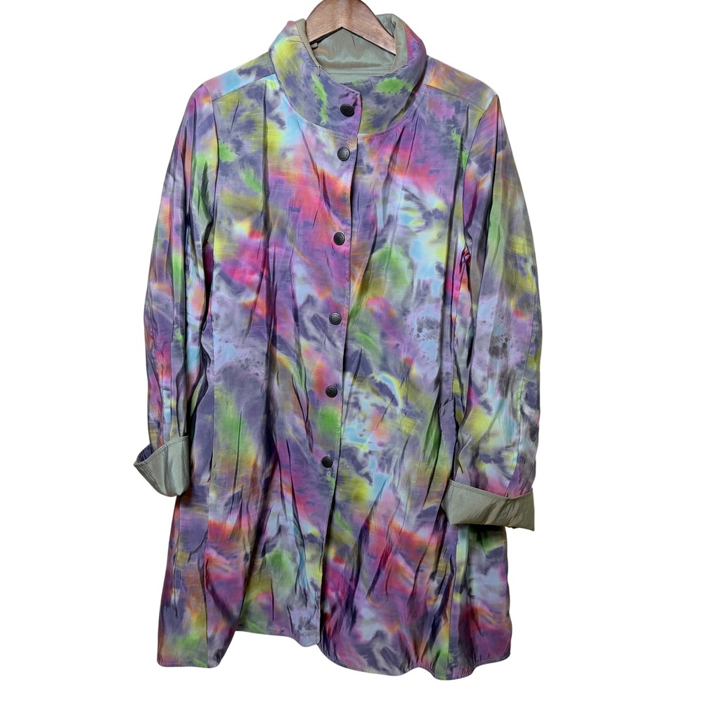 Rare Janska Reversible Raincoat Womens Large Watercolor Green Hooded Jacket